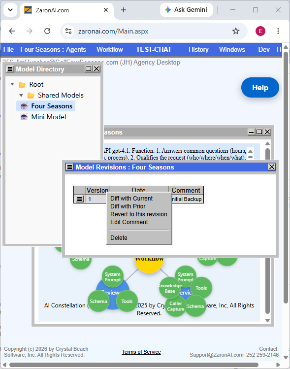 ZaronAI Model Revisions and Diffs panel