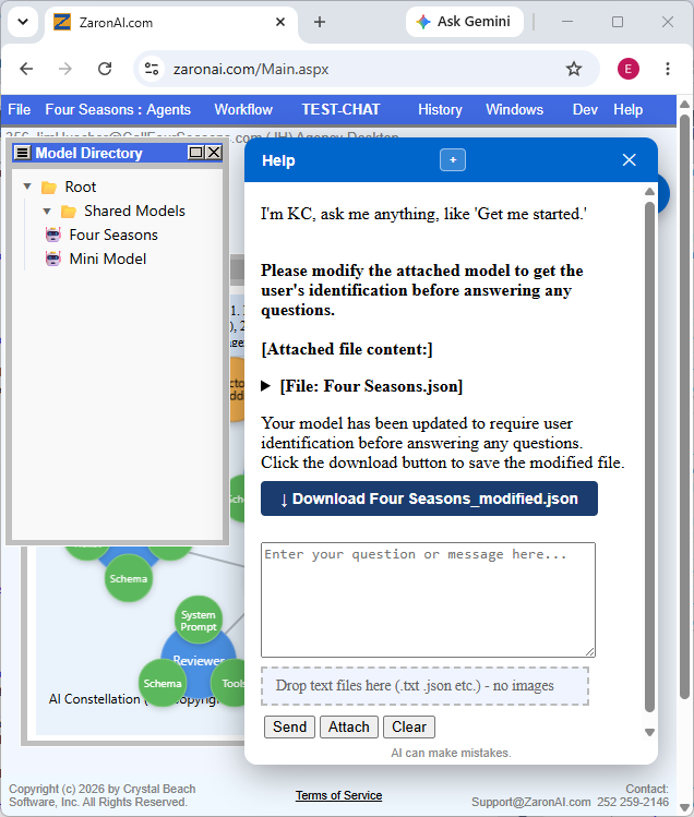Dragging a model into the ZaronAI Help chat to request a change